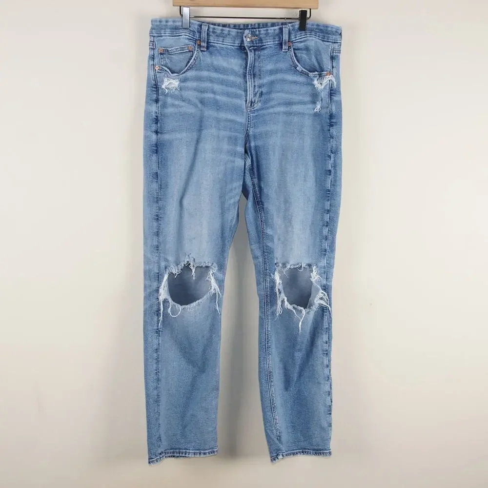 American Eagle Stretch Ripped Curvy Straight Light Wash Blue Jeans Sz 18 Long